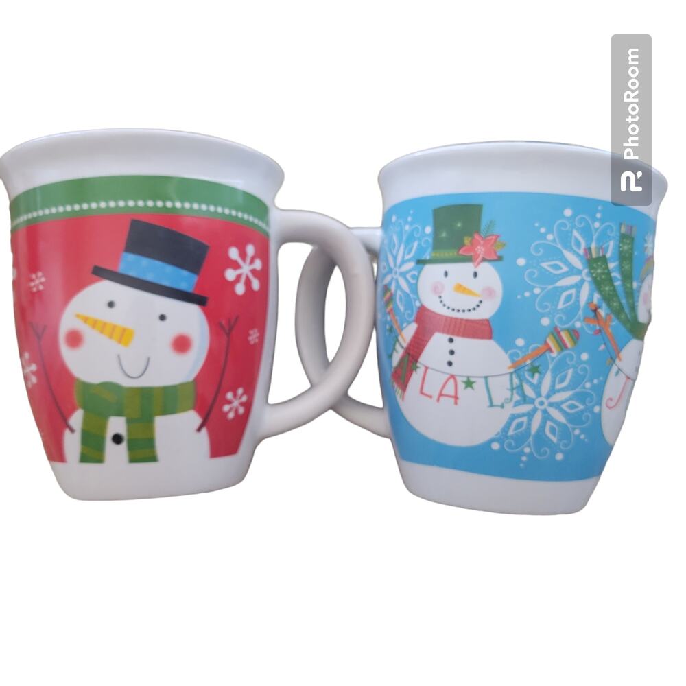 Snowman Christmas Coffee Cups – Royal Norfolk - Set of 2 Red & Blue Holiday Mugs